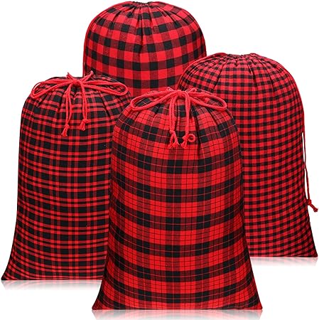 Shappy 4 Pcs Large Christmas Gift Bags 28 x 20 inches Drawstring Fabric Gift Bags Christams Bags for Xmas Presents Holiday Favors(Black-red)