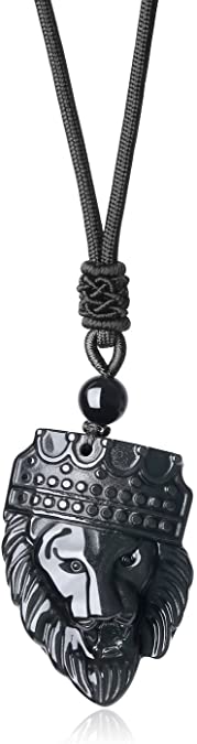 coai Crowned Lion King Obsidian Stone Pendant Necklace