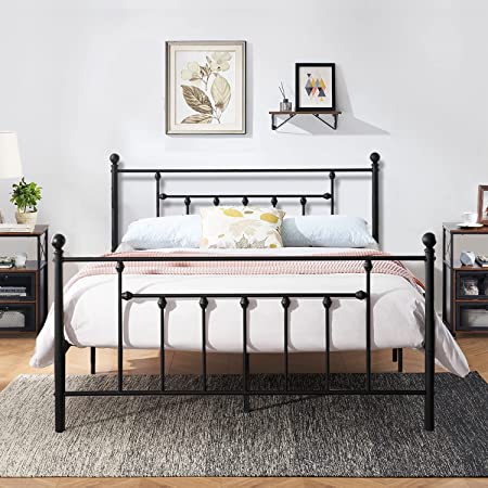 VECELO Full Size Platform Bed Frame with Headboard and Footboard, Heavy Duty Steel Slat Support / No Box Spring Needed Mattress Foundation/ Underbed Storage Space/Easy Assemble, Victorian Style, Black