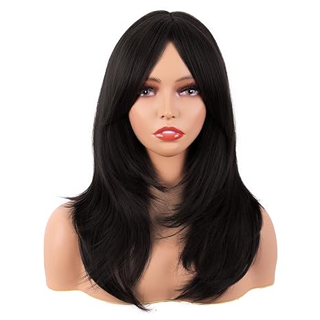 MapofBeauty 20 Inch/50 cm Long Layered With Bangs Straight Synthetic fiber Shoulder Length Hair for Daily Use or Party Wig (Black)