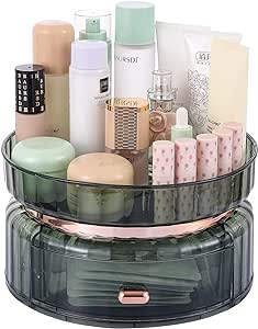 Makeup Organizer Perfume Tray with Drawers,360 Rotating Large Lazy Susan Cosmetic Desk Capacity Cosmetics Storage Vanity Shelf Countertop, Fits Cosmetics, Perfume, Skincare, Lipsticks Green