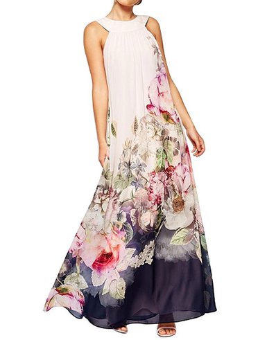 Babyonline Women Summer Floral Print Long Chiffon Evening Dress Beach Maxi Dress