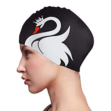 Swim Cap for Women Long Hair Curly Hair Solid Silicone Waterproof Bathing Swan Swimming Caps for Girls Adults Youths Black White