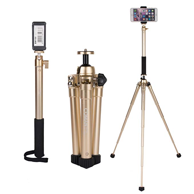 COMAN MT50 Selfie Stick Tripod kit Mini Tabeltop Tripod Stand with Bluetooth Remote and Phone Holders for iphone Smartphone and Digital Camera Max Load 5.5 LB (Gold)