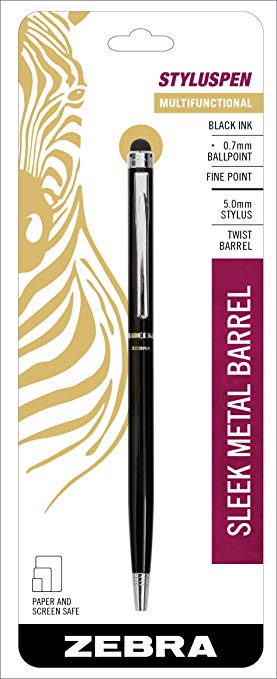 Zebra StylusPen Twist Retractable Ballpoint Pen, Fine Point, 0.7mm, Black Ink, Black Barrel, 1-Count