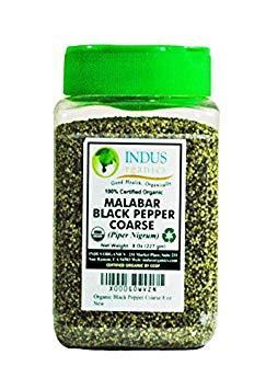 Indus Organics Malabar Black Pepper Coarse , 8 Oz Jar, Premium Grade, High Purity, Freshly Packed