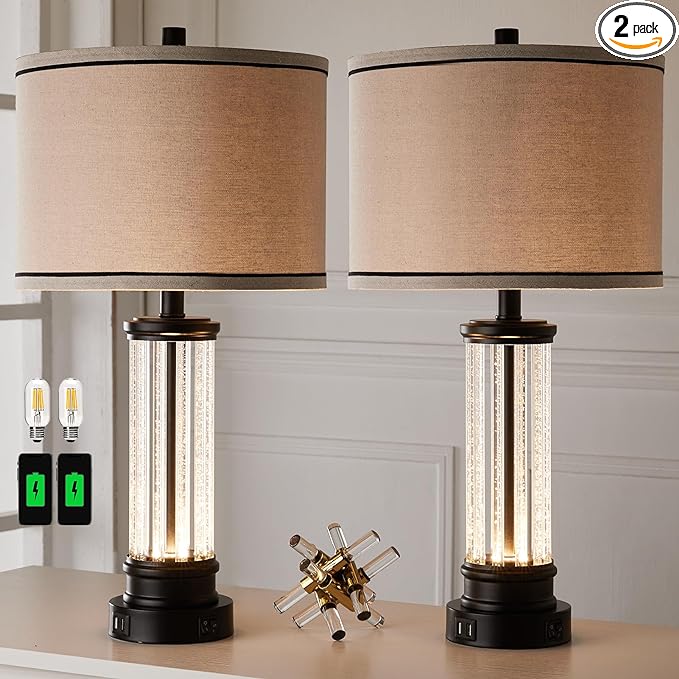 AIEAMPDO Table Lamps for Living Room Bedroom Set of 2, Modern Lamp with Dual USB Ports, Crystal Lamps with Night Light Bedside Lamp for Nightstand End Table Entryway, 2 Bulbs Included (Black)