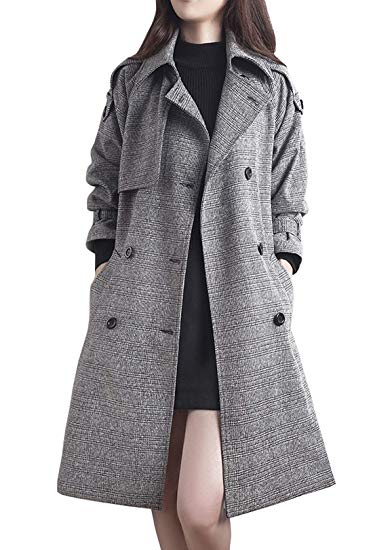 CHARTOU Women's Stylish Double Breasted Wool Blend Plaid Trench Coat Outwear Belted