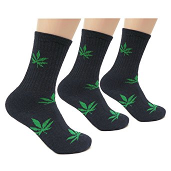 Magg Mens 3 Pairs Marijuana Weed Leaf Printed Soft Crew Cotton Comfortable Socks