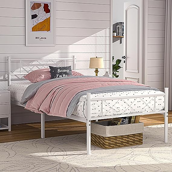 VECELO Twin Size Platform Bed Frame with Headboard and Footboard, Heavy-Duty Mattress Foundation with Steel Slats Support, No Box Spring Needed/Easy Assembly, Pure White