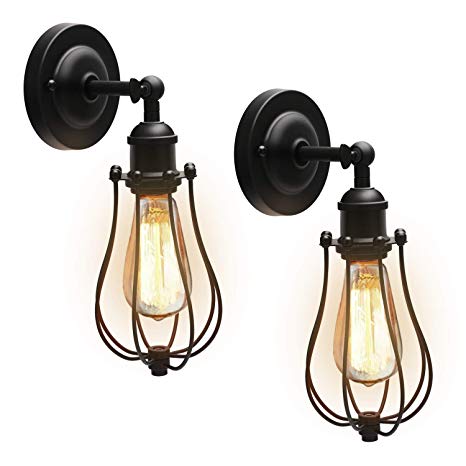 Upgrade Industrial Wire Cage Wall Sconces with Bulbs JACKYLED Vintage Black Metal Wall Light Fixture Rustic Wall Lamp for Bedroom Headboard Porch, UL Listed, Edison E26 Bulbs Included(2 Pack)