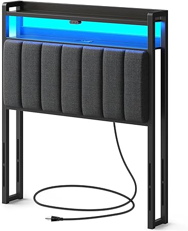 Rolanstar Headboard for Twin Size Bed with Storage, 60,000 DIY Color of LED Light, Head Board with USB & Type C Port, Height Adjustable, Black Upholstered Cabeceras de Cama Comfortable Modern, Stable