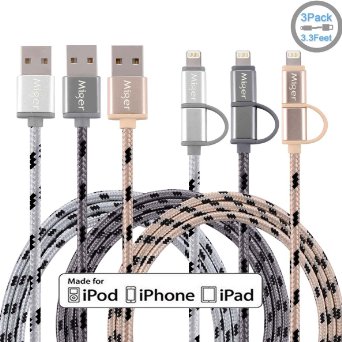 (3Pack) Miger 3.3Ft 2in1 Apple Certified Tangle Free Lightning and Micro USB Nylon Braided Charging/Sync Cables for iPhone/iPod/iPad and Samsung Galaxy, Sony, Nexus, Nokia,HTC & more