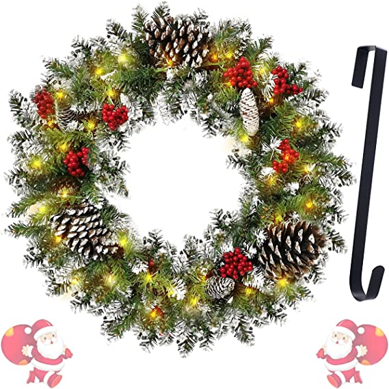 Christmas Wreath with Hanger, 45cm/18inch Artificial Christmas Garland for Front Door with 50 LED Lights, Pre-Lit Xmas Wreath for Winter Decorations Door Wall Hanging Ornaments