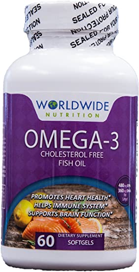 Worldwide Nutrition Omega 3 Fish Oil Supplement, Cholesterol Free EPA DHA Fatty Acids, 60 Softgels