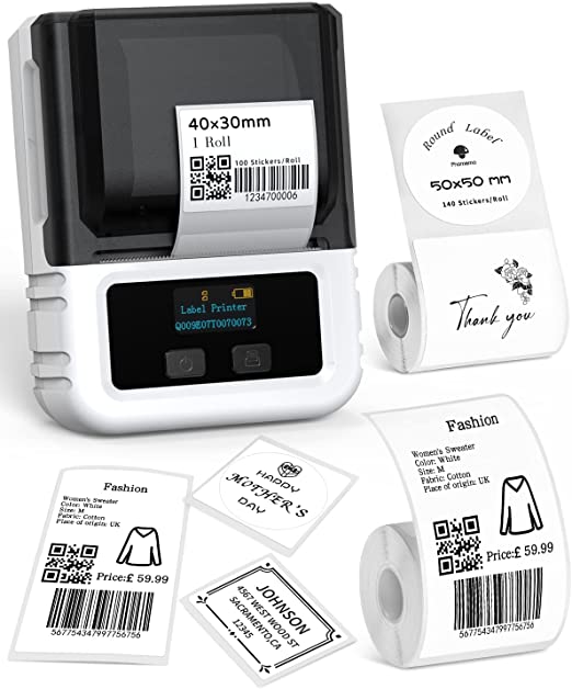 Phomemo M120 Label Printer-Portable Wireless Bluetooth Label Printer Machine with 3 Rolls Label Paper for iOS & Android-Label Maker Machine for Clothing, Jewellery, Retail, Home,White