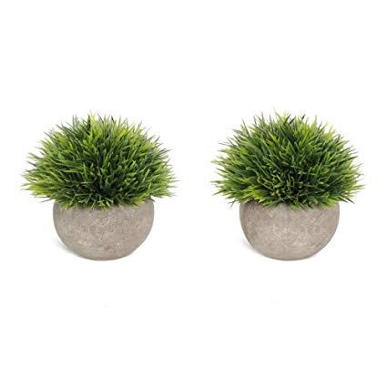 HOMFINER Set of 2 Mini Artificial Plants Potted Premium Packing Plastic Faux Green Grass Fake Topiaries Shrubs for Home Decor