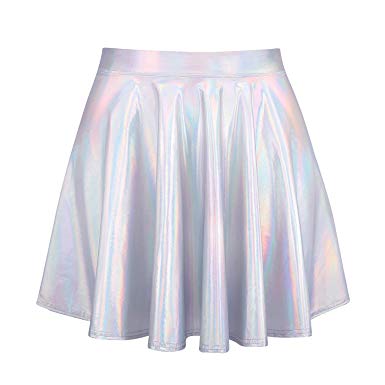 HDE Women's Shiny Liquid Metallic Holographic Pleated Flared Mini Skater Skirt