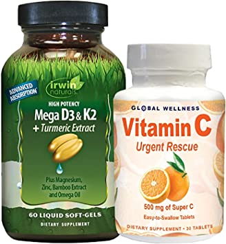 IRWIN NATURALS High Potency Mega D3 & K2   Turmeric Extract 60ct   Vitamin C 30ct Bonus Pack