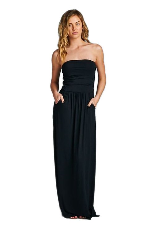 Vanilla Bay Womens Strapless Solid Maxi Dress with Pockets