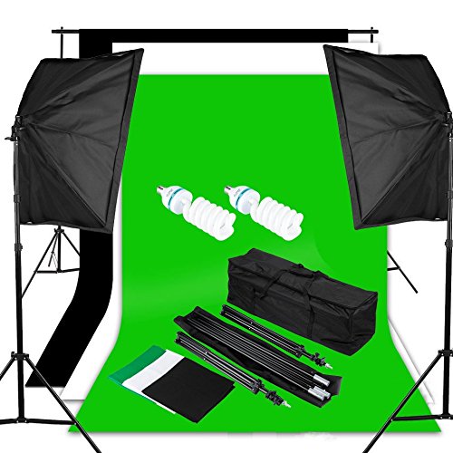 Excelvan Photo Video Studio Lighting Kit (1250W Soft Box) W / 3 Background Backdrop (White Black Green) 10 x 6.5 ft Photography Light Stand and Portable Bag