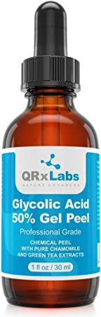 QRxLabs Glycolic Acid 50% Gel Peel With Chamomile And Green Tea Extracts - Professional Grade Chemical Face Peel For Acne Scars, Collagen Boost, Wrinkles, Fine Lines - Alpha Hydroxy Acid - 1 Bottle