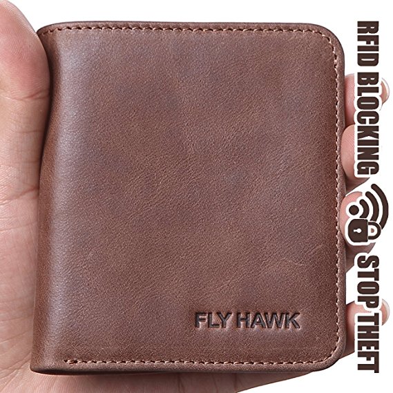 FlyHawk RFID Blocking Genuine Leather Wallets Men's Biford Mini Wallets