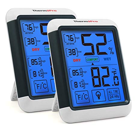 ThermoPro TP55 Digital Indoor Hygrometer Thermometer Temperature and Humidity Monitor Room Moisture Meter with Large Touchscreen, Backlight, 2 Pieces