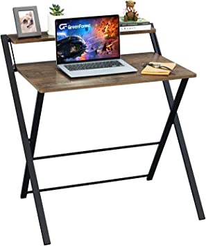 GreenForest Folding Computer Desk No Assembly Required 2 Tier Computer Desk with Shelf Space Saving Small Foldable Desk Tabletop 29.5 x 20.47 inch, Brown