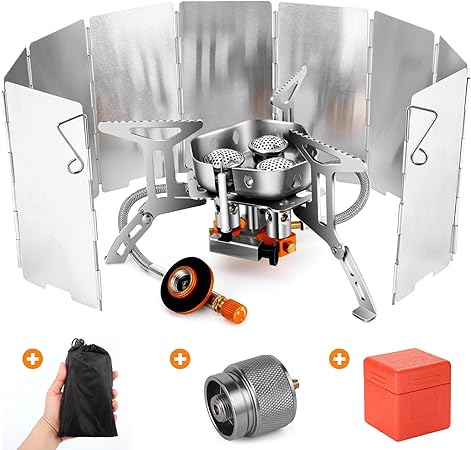 Odoland 6800W Windproof Camp Stove Camping Gas Stove with Windscreen, Fuel Canister Adapter, Piezo Ignition, Carry Case, Portable Collapsible Stove Burner for Outdoor Backpacking Hiking and Picnic