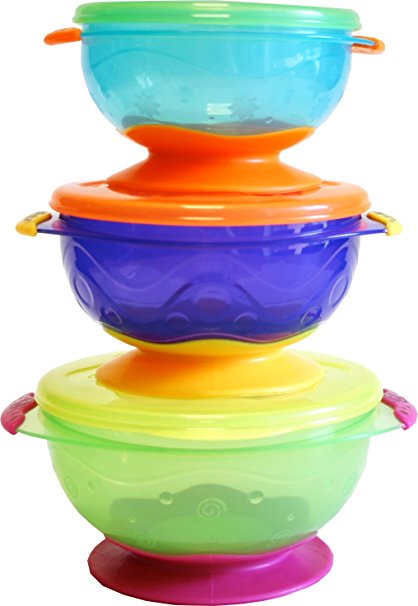 Nuby Stackable Suction Bowl with Lid (Pack of 3, Multi-Coloured)