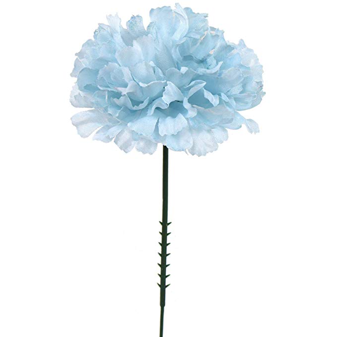Larksilk Blue 3.5" Silk Carnation Flowers 5" Stem Pick, 100 Count