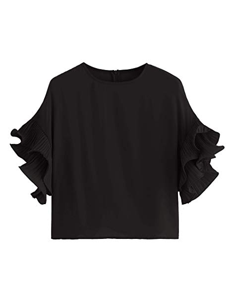 Romwe Women's Zip Back Blouse Ruffle Short Sleeve Tee Top