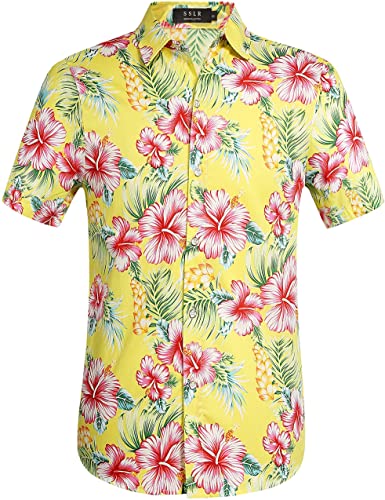 SSLR Men's Cotton Button Down Short Sleeve Hawaiian Shirt