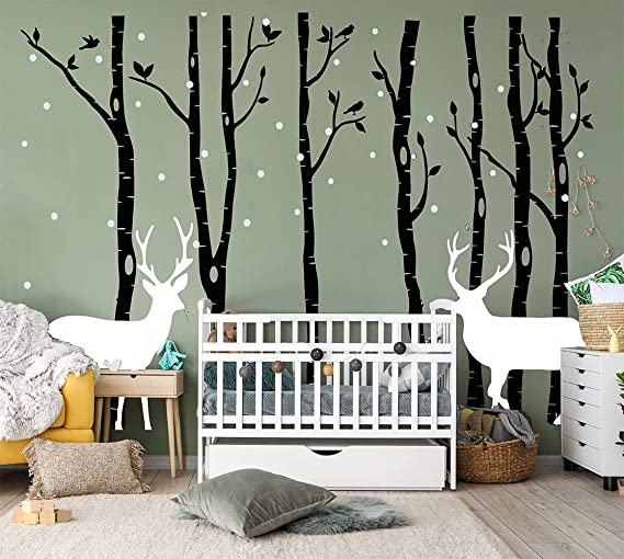 LUCKKYY Birch Tree Deer Wall Decal Nursery Forest Removable Birch Trees Vinyl Sticker for Kids Bedroom Decor Nursery Bedroom (Black)