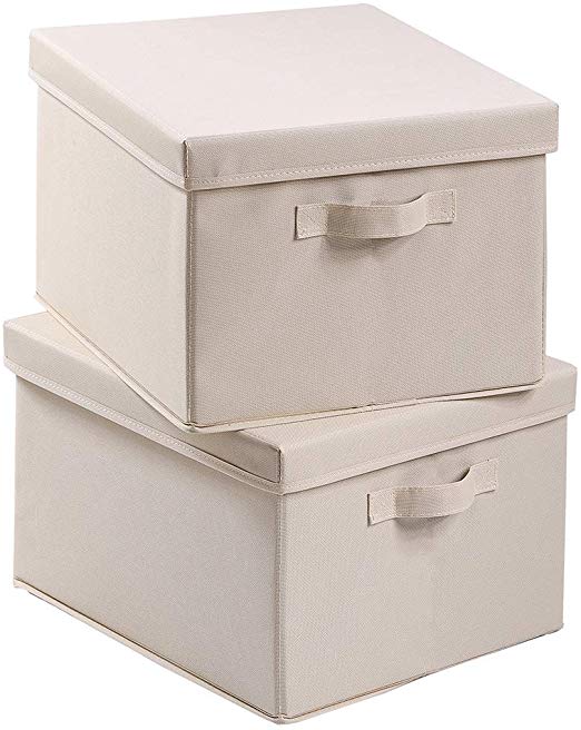 SAMEXE Foldable Fabric Storage Box with Lid, Decorative Linen Filing & Storage Office Box | Letter/Legal | Charcoal | (Beige, 2 Pack)