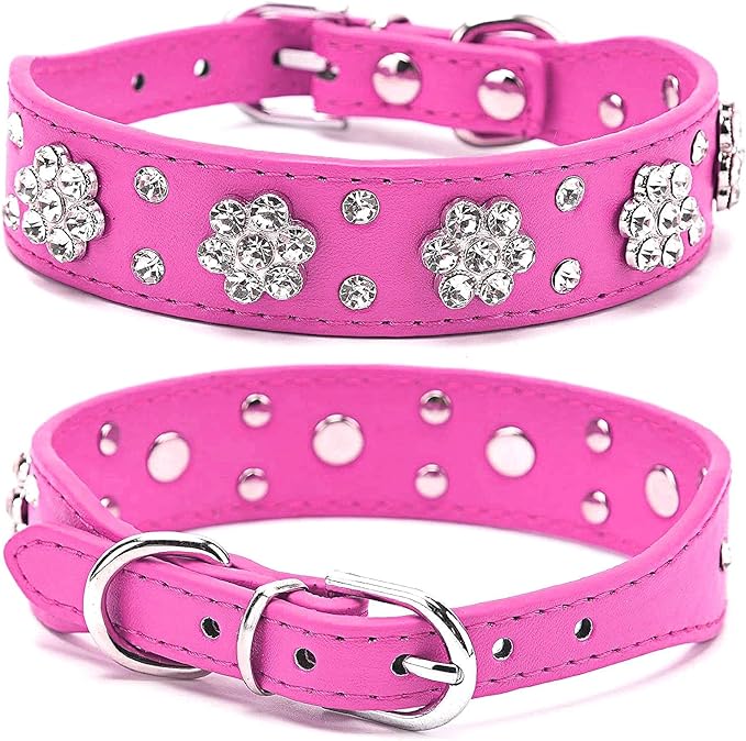 Rhinestone Dog Collar, Cute Flower Rhinestone Cat Dog Collar Bling Collar PU Leather Collar Adjustable Sizes Small Medium Large (L, Hot Pink)