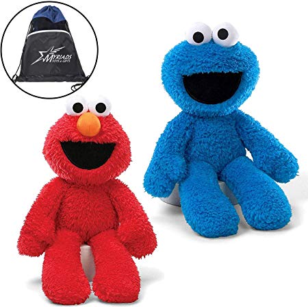 GUND Sesame Street Take Along Elmo and Cookie Monster Stuffed Animal 12" Plush with Cotton Drawstring Bag,