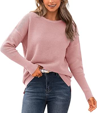 BTFBM Casual Women 2024 Fall Sweater Long Sleeve Ribbed Knit Pullover Loose Crewneck Batwing Split Sweater