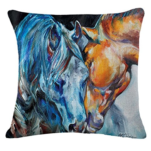 Oil Painting Horse Hand Painted Throw Pillow Case Cotton Blend Linen Cushion Cover Sofa Decorative Square 18 Inches(2)
