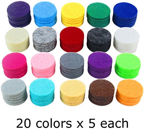 Springcreek (100 Piece Value Pack) Premium Aromatherapy Essential Oils Diffuser Locket Necklace Pads, Thick 22x3mm Felt, 20 Vivid Colors, Highly Absorbent, Long Lasting, Washable