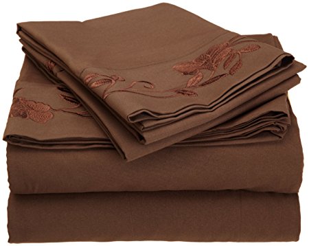 Cathay Home Fashions Luxury Silky Soft Flower Design Embroidered Microfiber Queen Sheet Set, Chocolate