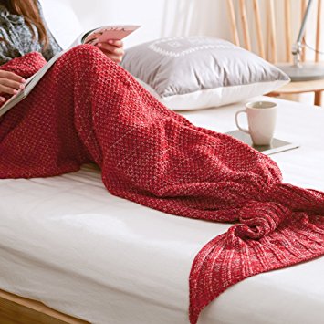 Feiuruhf Mermaid Tail Blanket for Adults Teens, Kids Crochet Snuggle Mermaid, All Seasons Sleeping Blanket (red)