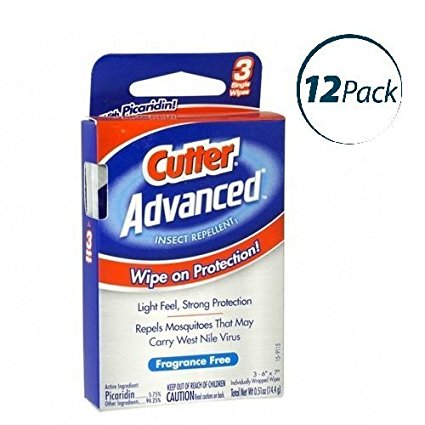 Cutter Advanced Insect Repellent, Individually Wrapped Mosquito Wipes, Fragrance Free, 3 Count, 12 Pack (Total of 36 Wipes)