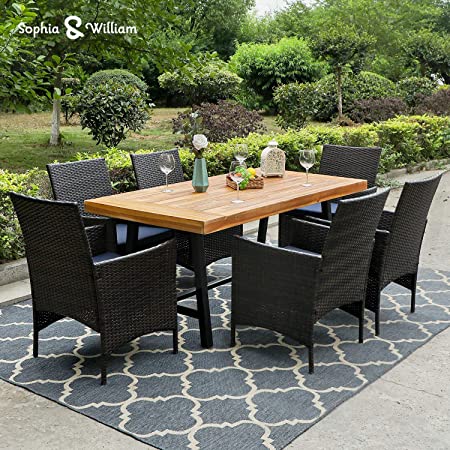 Sophia & William Outdoor Patio 7 Pieces Dining Set with 6 Brown PE Rattan Chairs and 1 Rectangle Oil Finished Acacia Wood Table, Modern Outdoor Furniture Chairs with Seat Cushions for Porch, Backyard