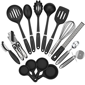 Vremi 15 Pcs Kitchen Gadget Set - 5 pc Cooking Utensils 4 pc Measuring Cups with Whisk Can Opener Pizza Cutter Cheese Grater Ice Cream Scoop Veggie Peeler - Small Prep Tools for Camping or Travel