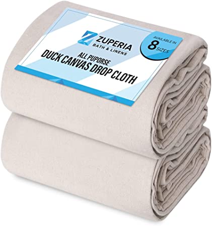 Zuperia Canvas Drop Cloth (Size 9 x 12 Feet) Pack of 2 - Pure Cotton Drop Cloth – Painters Drop Cloth for Furniture & Floor Protection, 8 oz