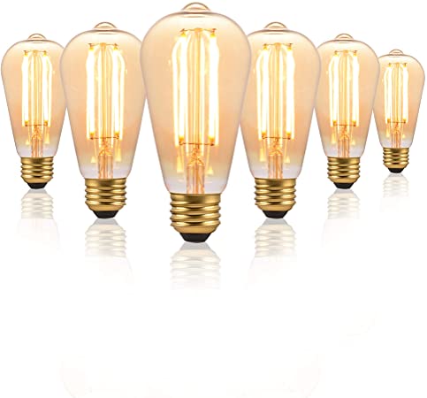 Modvera LED Antique Filament Bulb Edison ST64 Style 6 Watt, 2700K Vintage Warm White Color Temp E26 Base Dimmable Amber Glass Finish UL Listed RoHS Compliant - 6 Pack