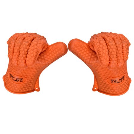 TTlife -LIMITED TIME OFFER- Silicone Heat Resistant BBQ Grill Oven Gloves for Cooking, Baking, Smoking & Potholder - 1 Pair - FDA Approved (Orange)
