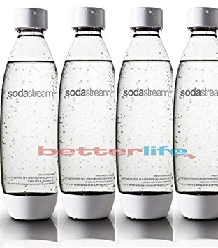 4 Pack Original Sodastream Source White Carbonating Water Bottles 1 Liter BPA-Free / Fits only - Play, Splash, Source, Power, Spirit and Fizzi soda makers